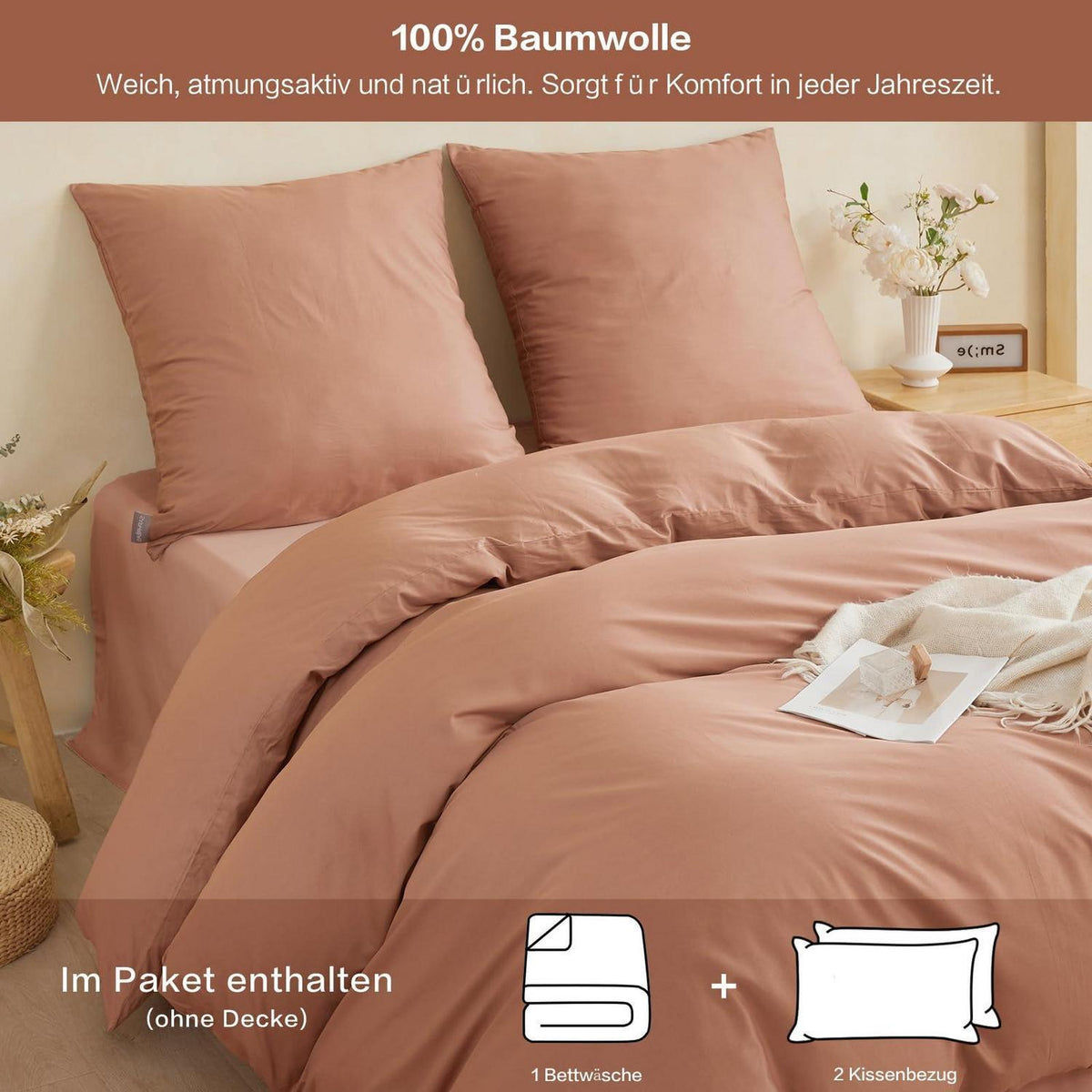 Baumwoll Bettwäsche Set 200x200cm Mokka | 3-teilig