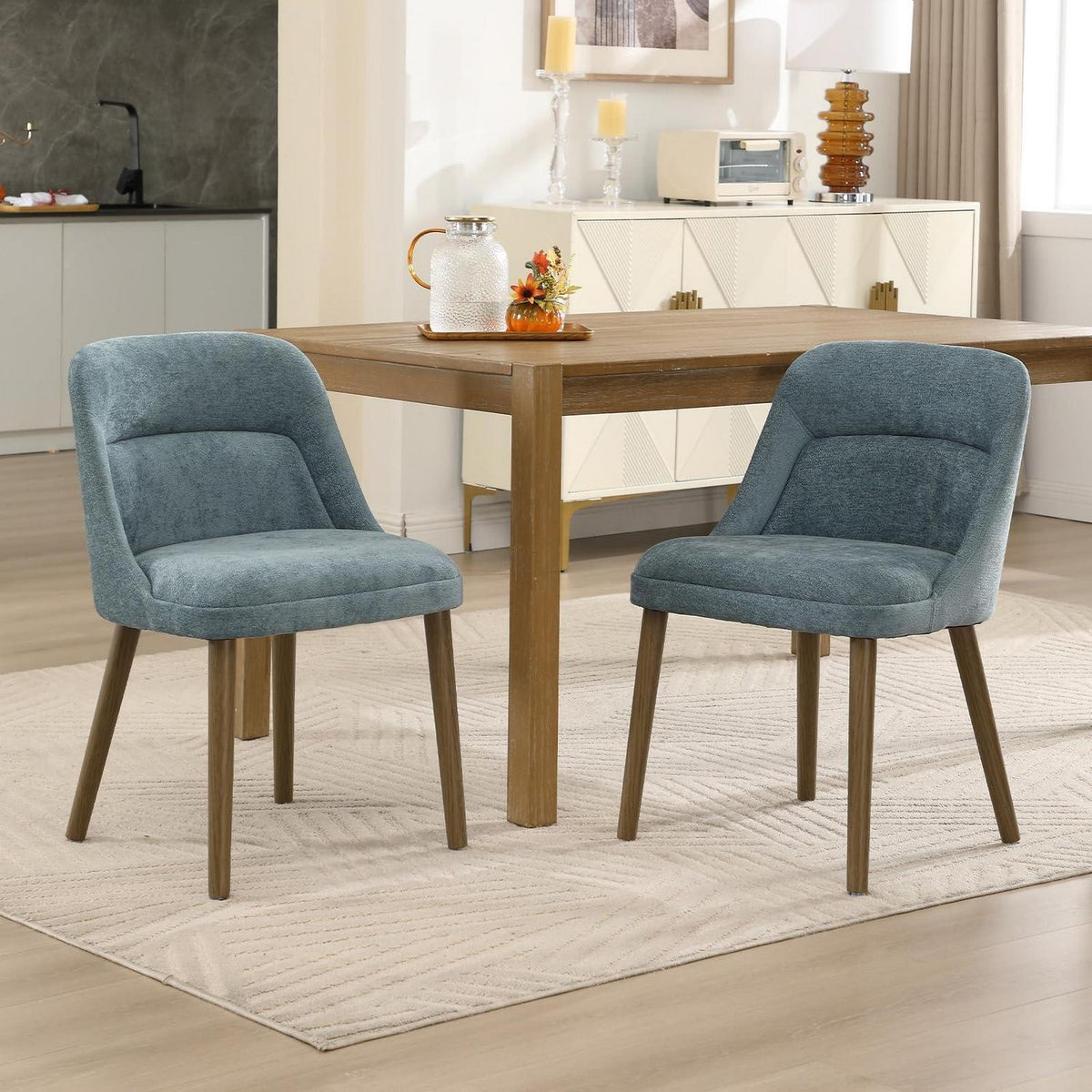 Retro Esszimmerstühle 2er Set mit Chenille-Bezug (Blau)