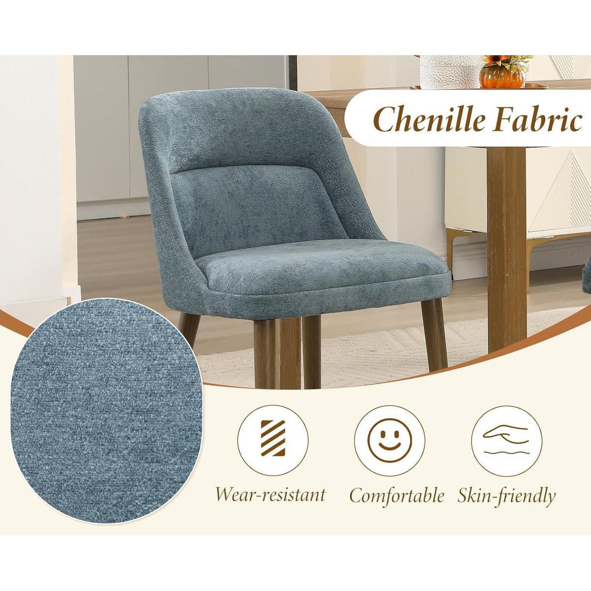 Retro Esszimmerstühle 2er Set mit Chenille-Bezug (Blau)