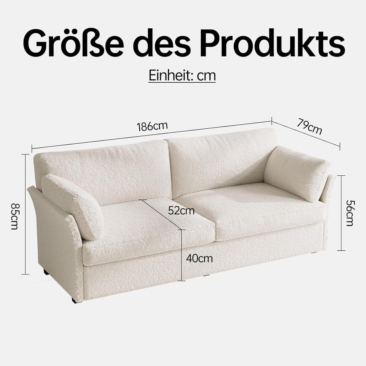 Modernes 2er Stoffsofa – Cremeweiß, 186 cm