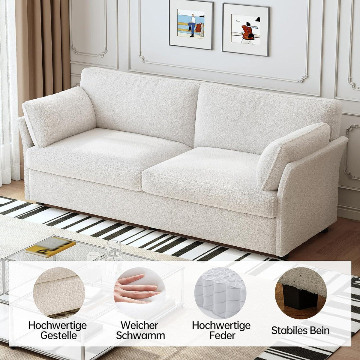 Modernes 2er Stoffsofa – Cremeweiß, 186 cm