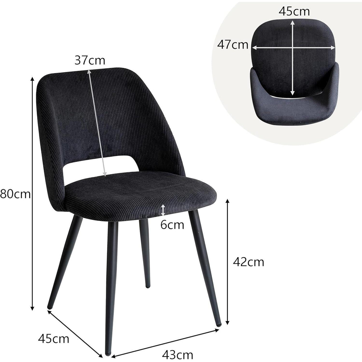 2er-Set Esszimmerstühle mit Cordbezug & Metallbeinen Schwarz