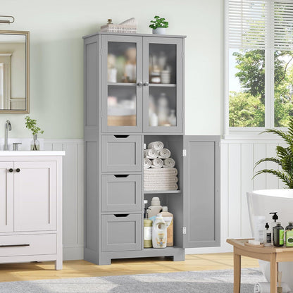 Hochschrank Badezimmerschrank mit 3 Türen & Schubladen Grau