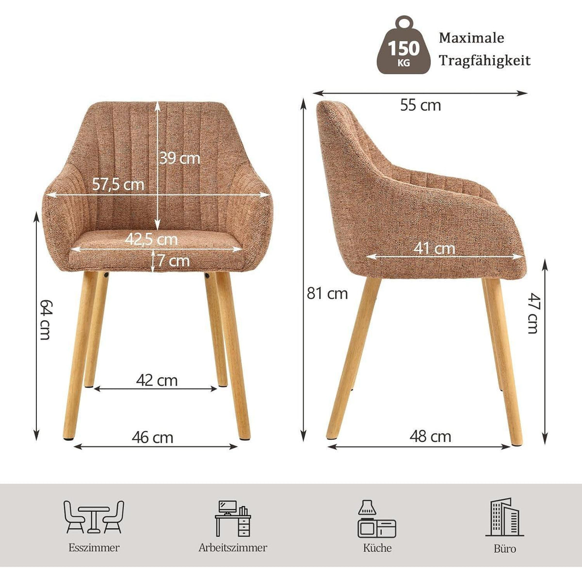 Esszimmerstühle Set 4er Beige Holzbeine mit Armlehne