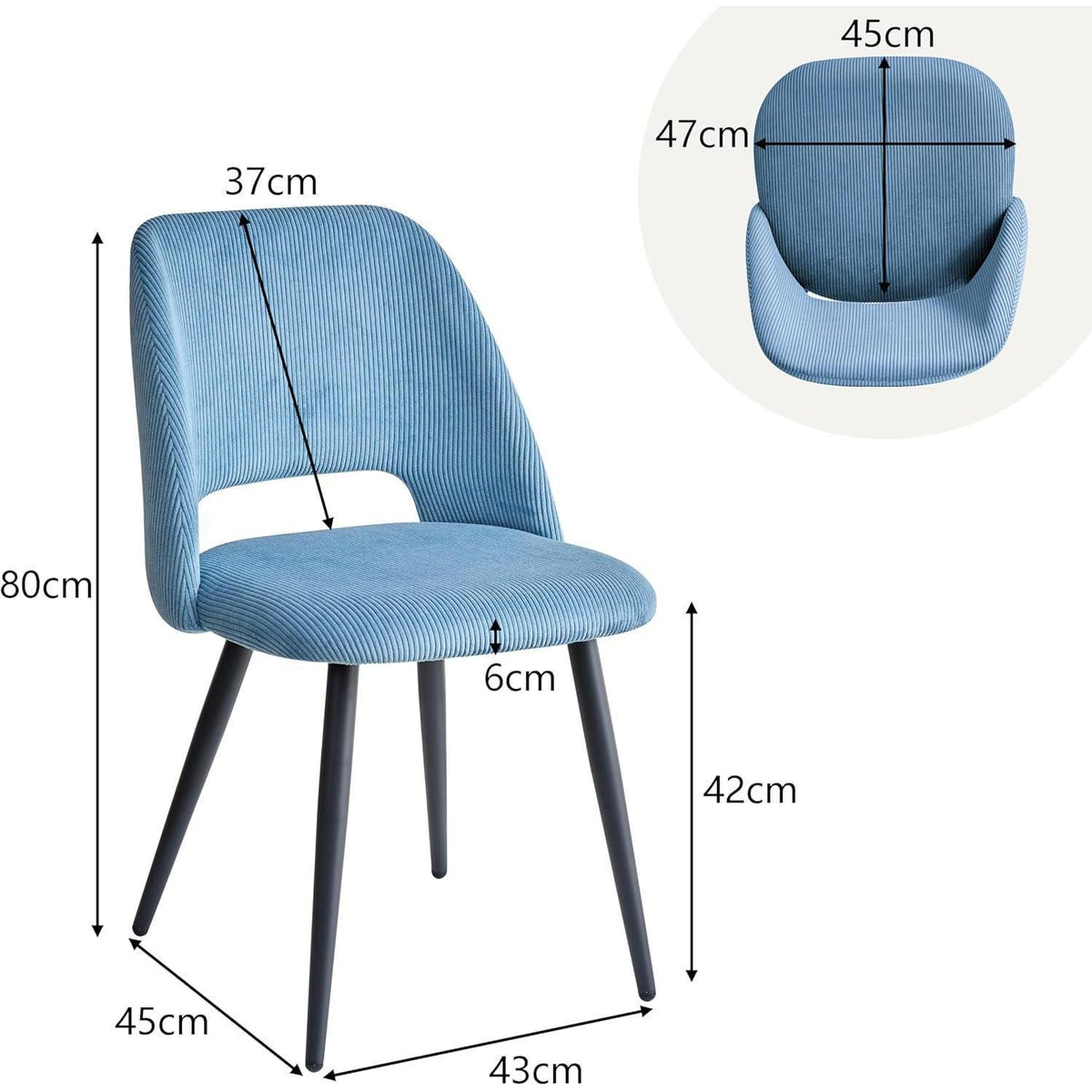 6 Esszimmerstühle mit Cordbezug, Blau – Bequemer Sitz