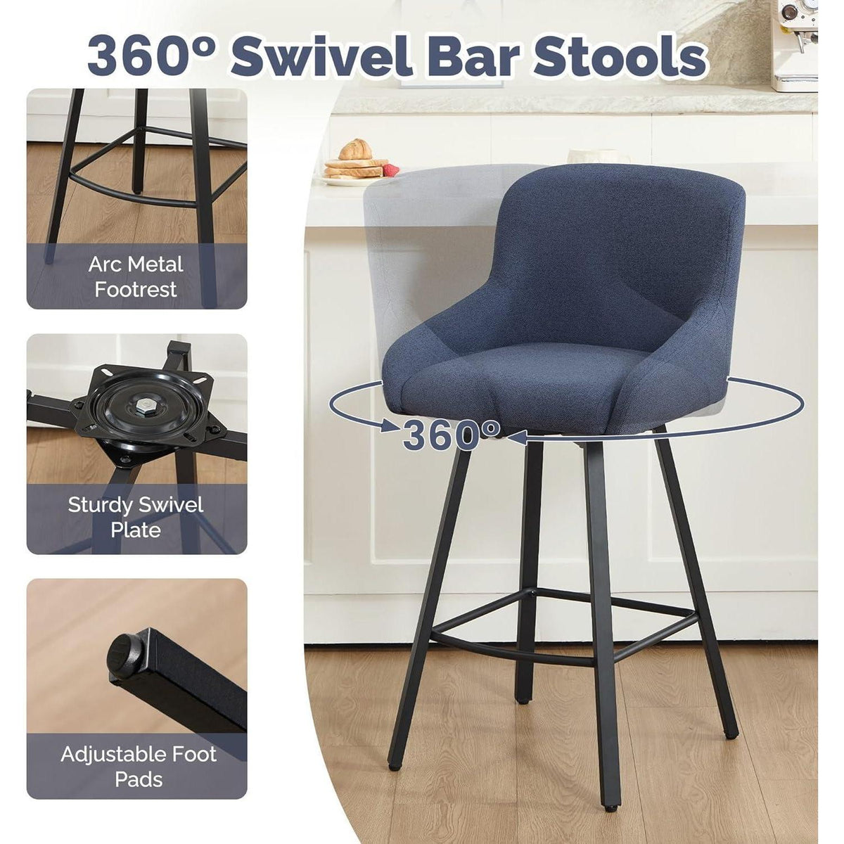 360° Drehstuhl Barhocker Set Blau – 3er Pack mit Fußstütze