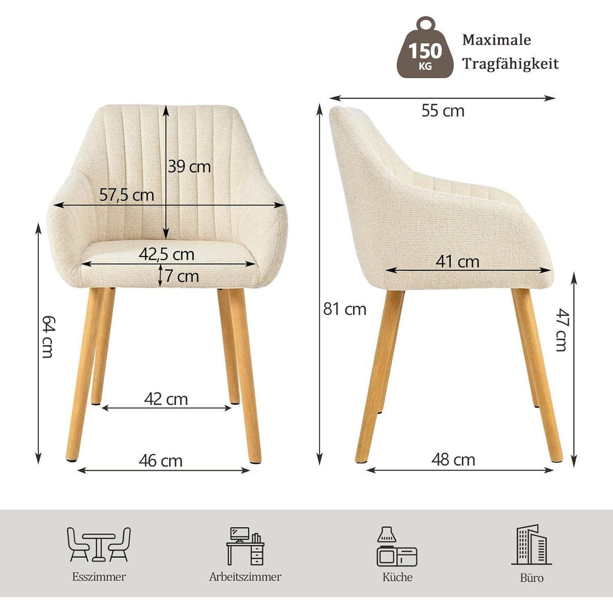 Esszimmerstühle Beige Holzbeine mit Armlehne 6er Set