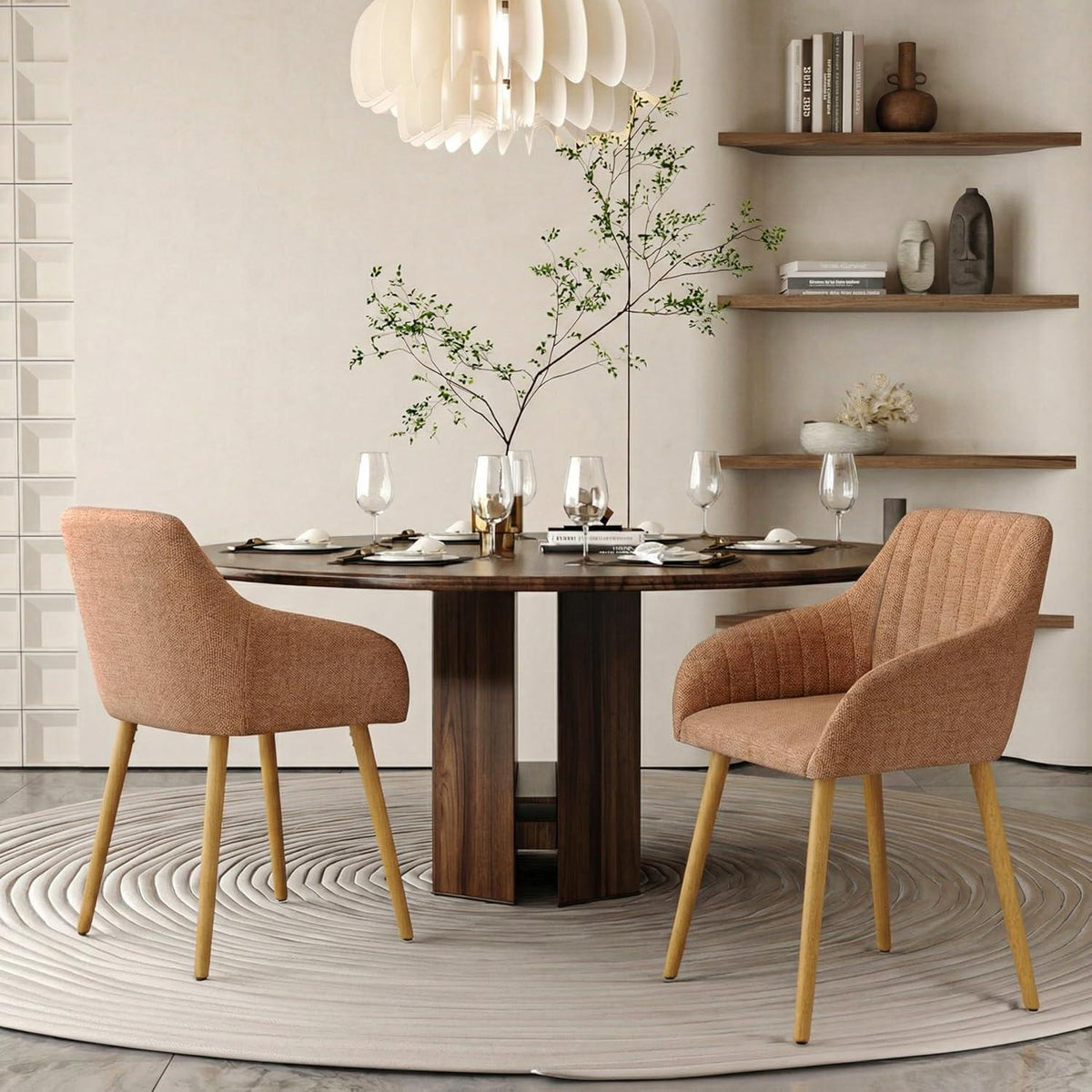 Esszimmerstühle Set 2 beige Holzbeine mit Armlehne
