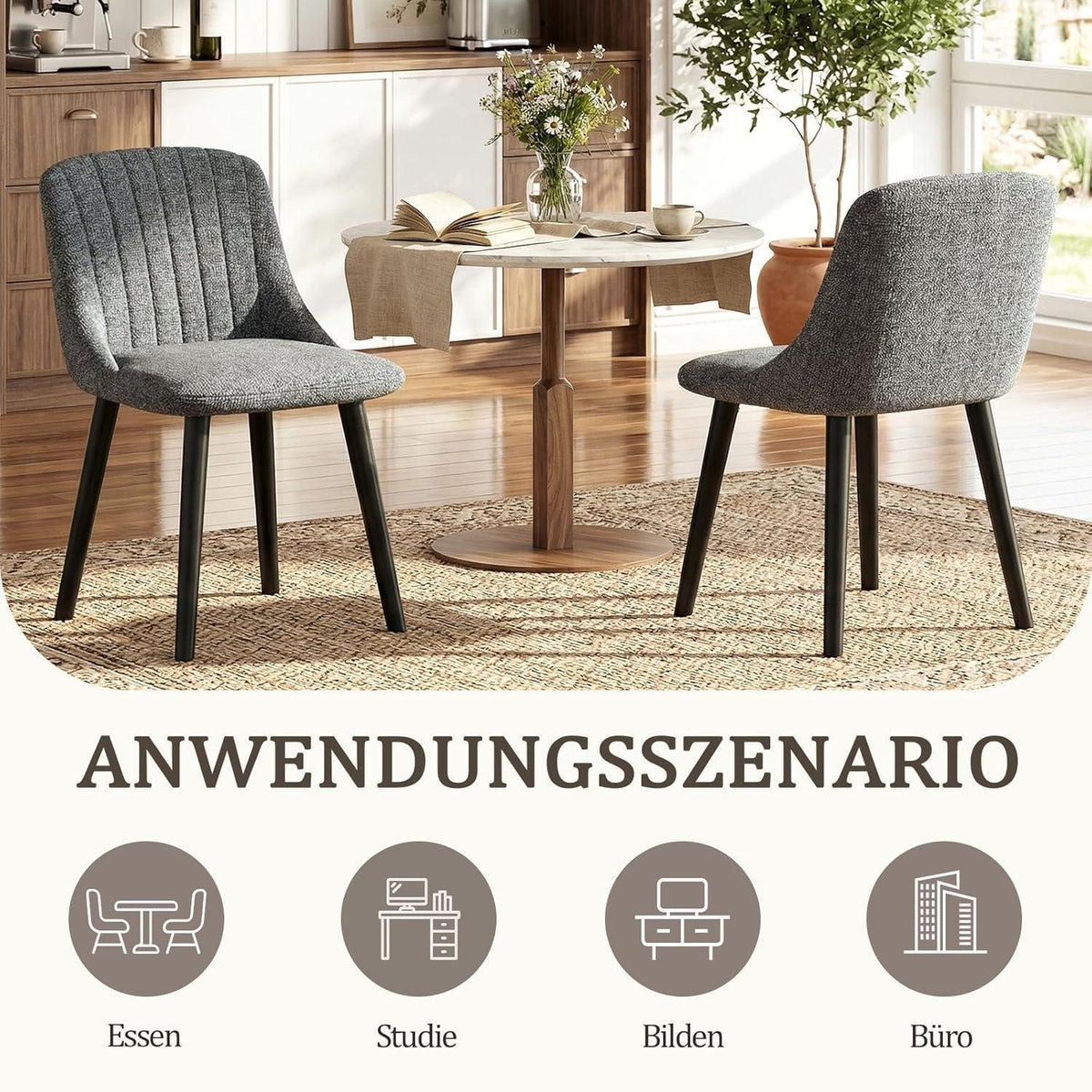 Grauer Esszimmerstuhl Set | Samt Polsterstuhl mit Holzbeinen (6er Set)