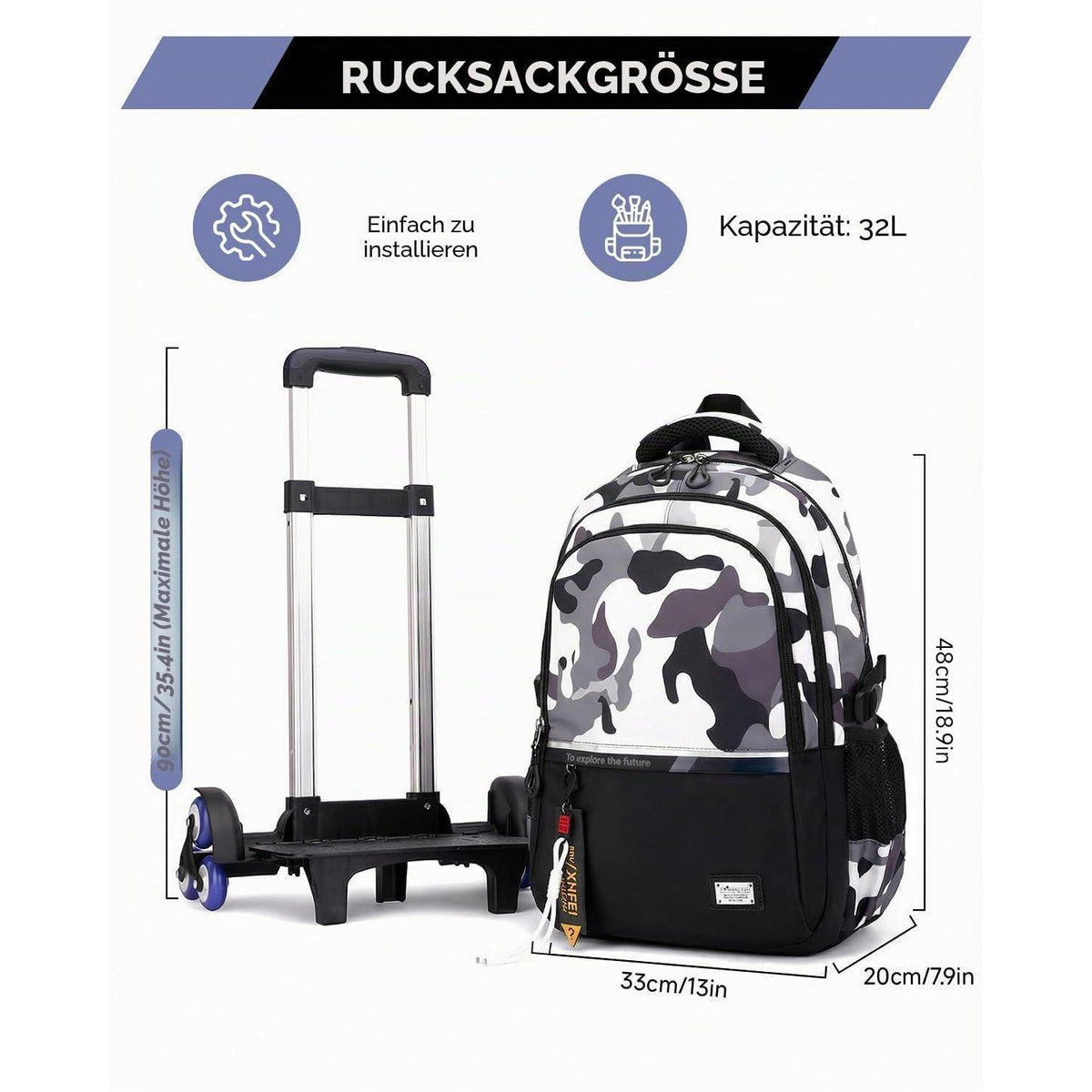 Schultrolley mit Rollen Jungen Grau-Tarn, Höhenverstellbar