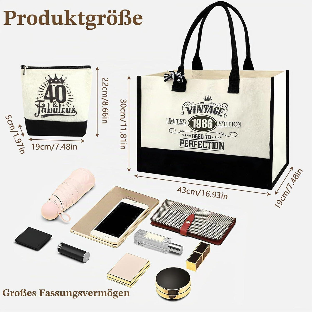 40. Geburtstag Geschenkset Vintage 1986 Canvas Tasche & Kosmetiktasche