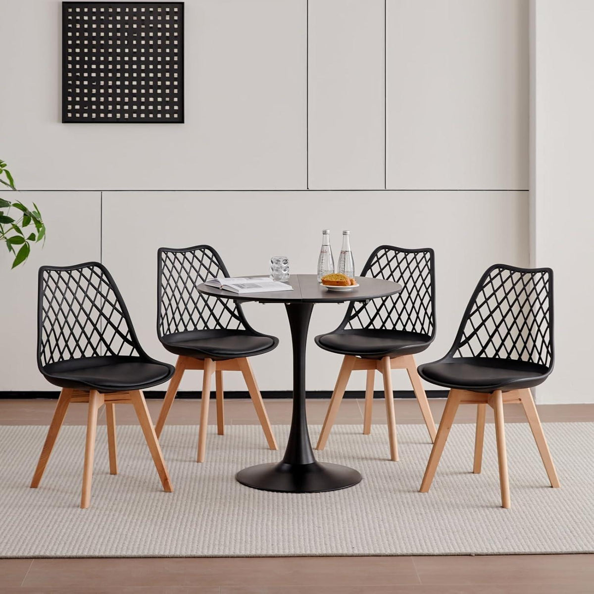 8 Esszimmerstühle mit Netzrückenlehne & Buchenholzbeinen Schwarz