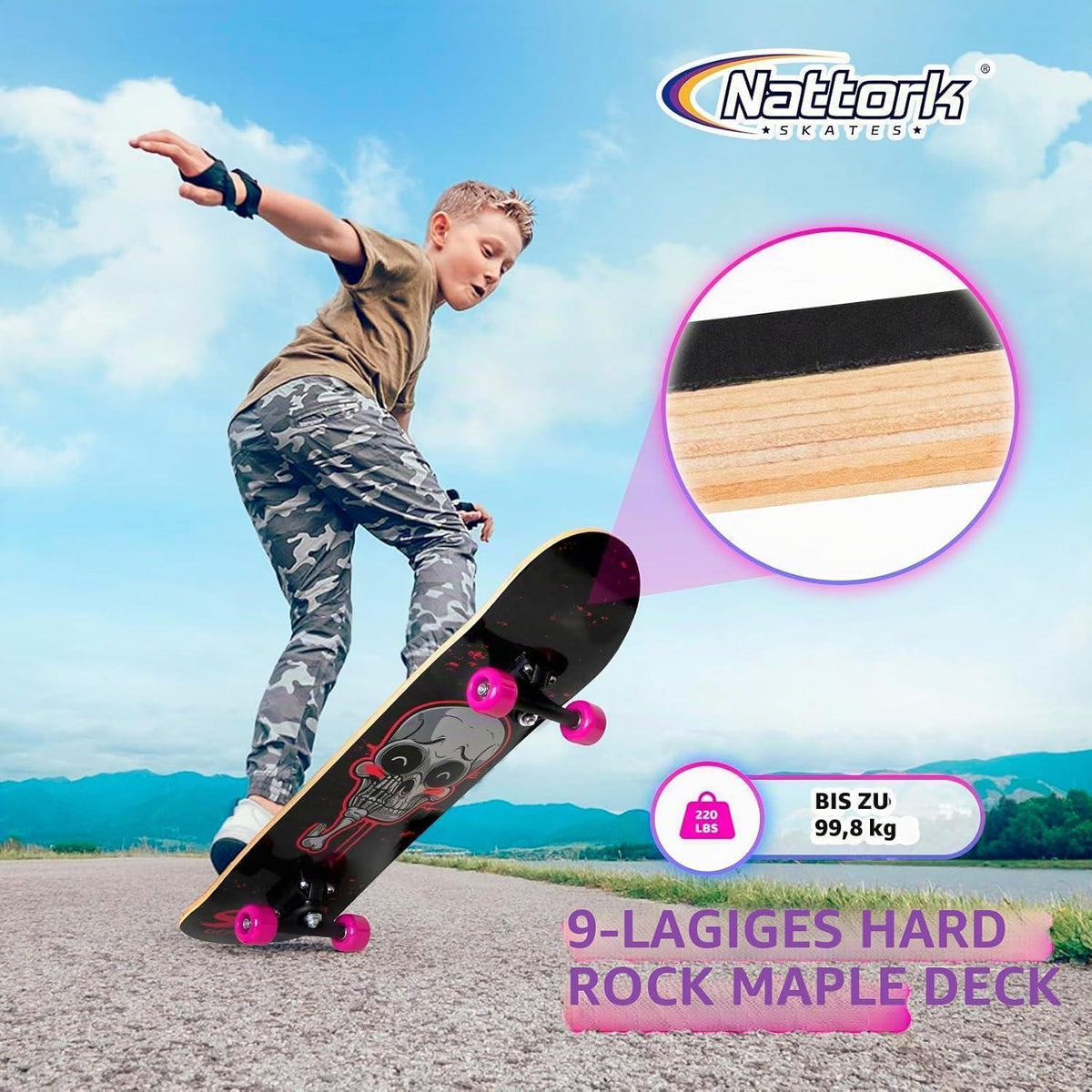 Komplett Skateboard 31 Zoll – Checkerboard Design Pink Skull