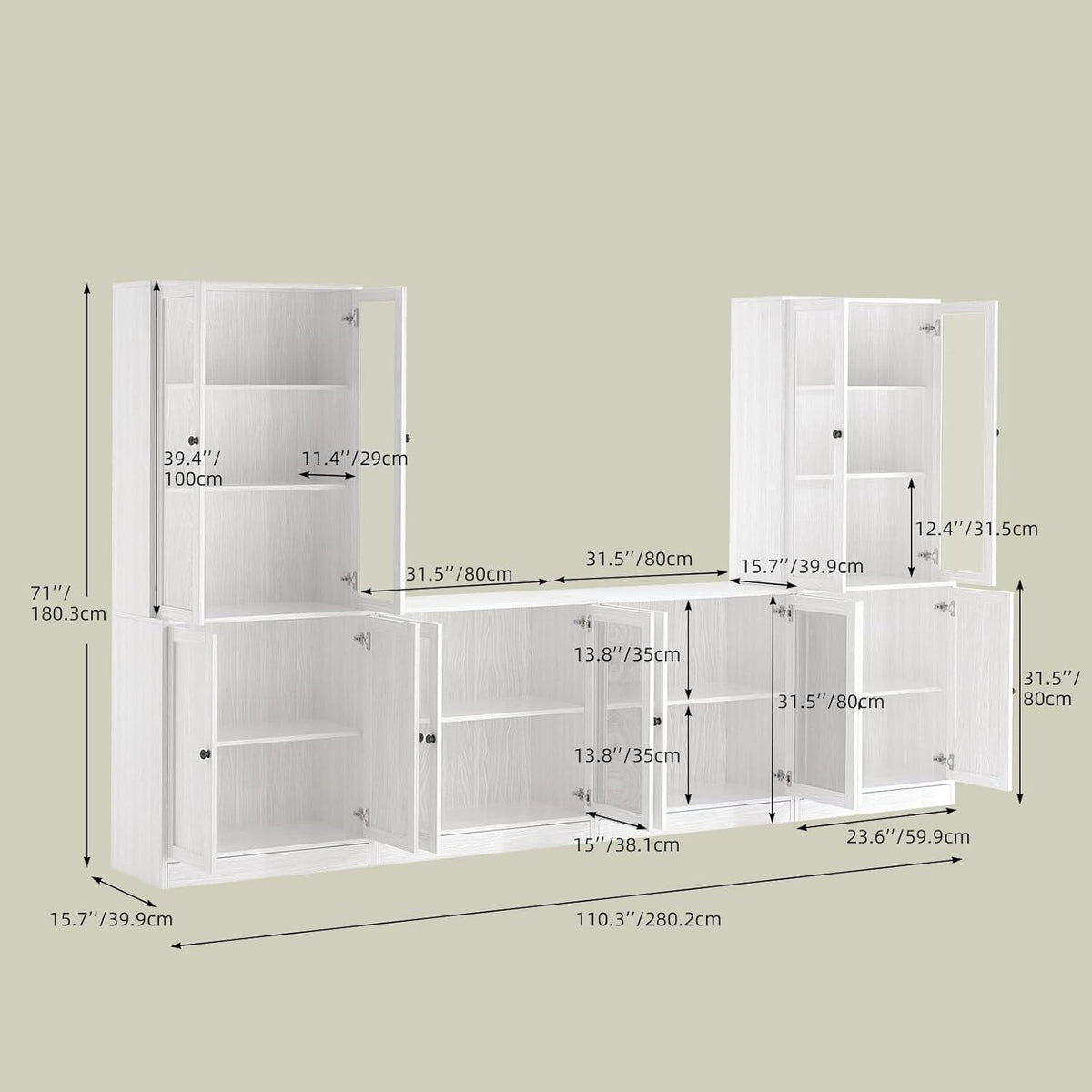 Großer TV-Schrank mit Bücherregalen & Glastüren (280cm, Weiß)