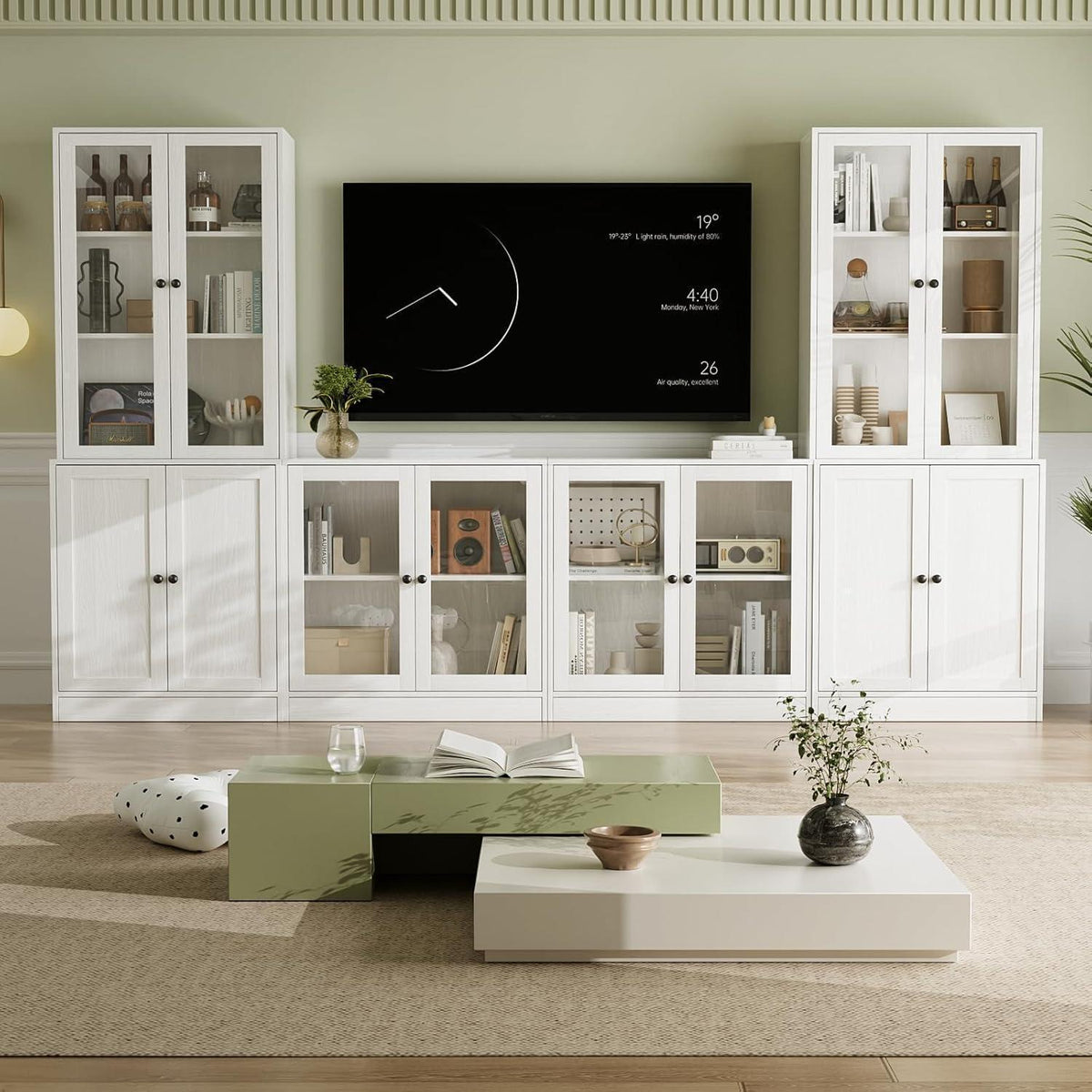 Großer TV-Schrank mit Bücherregalen & Glastüren (280cm, Weiß)