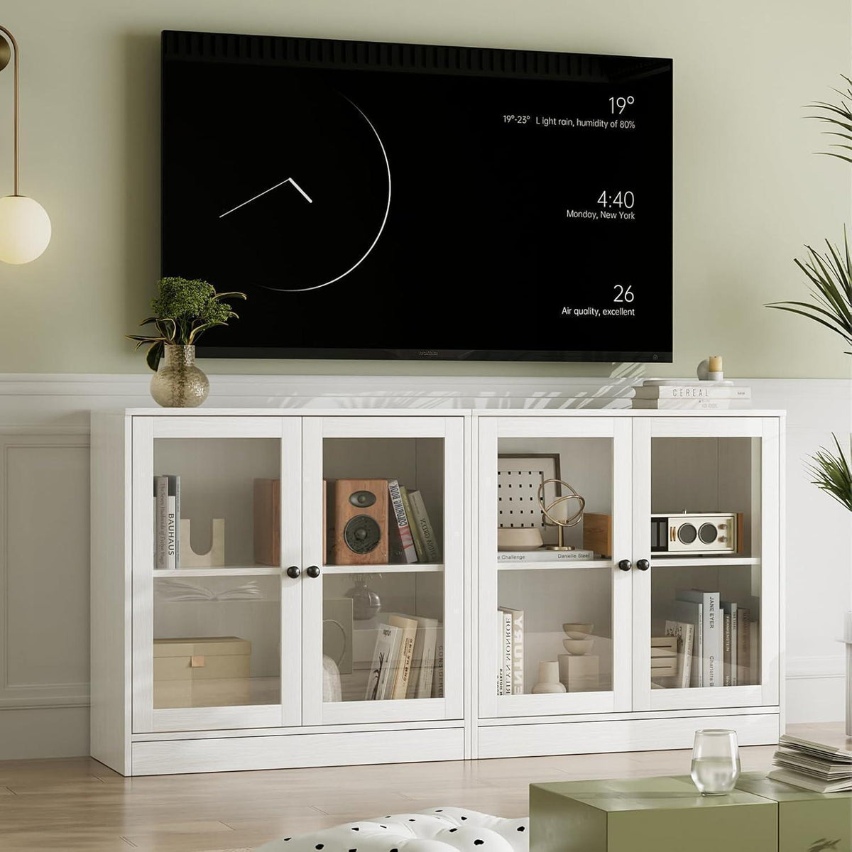 Großer TV-Schrank mit Bücherregalen & Glastüren (280cm, Weiß)