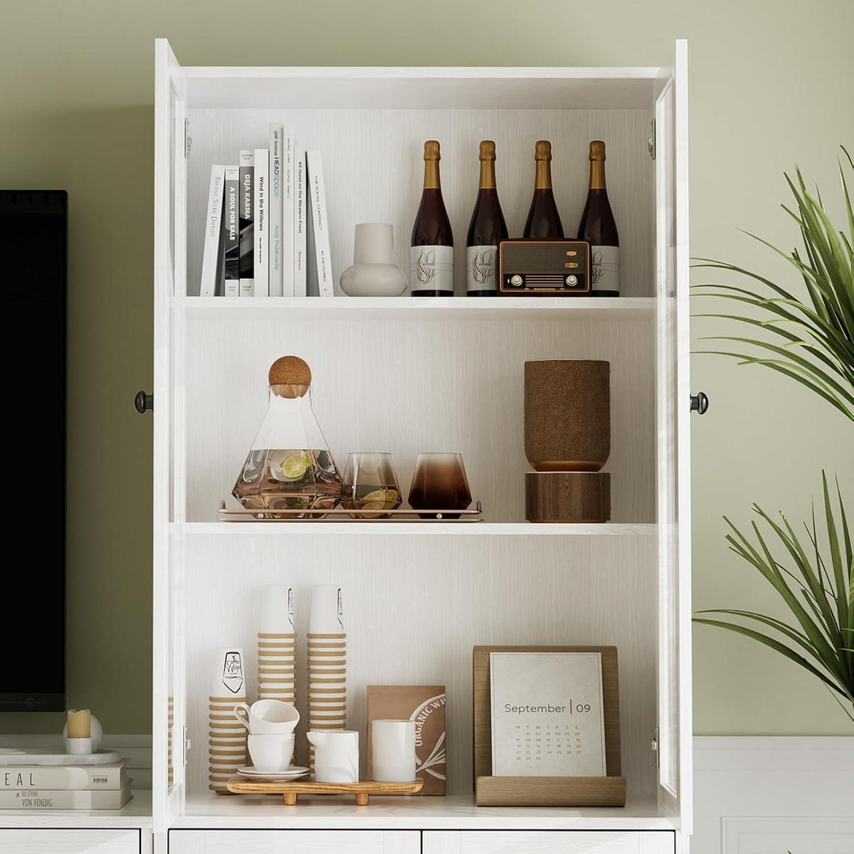 Großer TV-Schrank mit Bücherregalen & Glastüren (280cm, Weiß)
