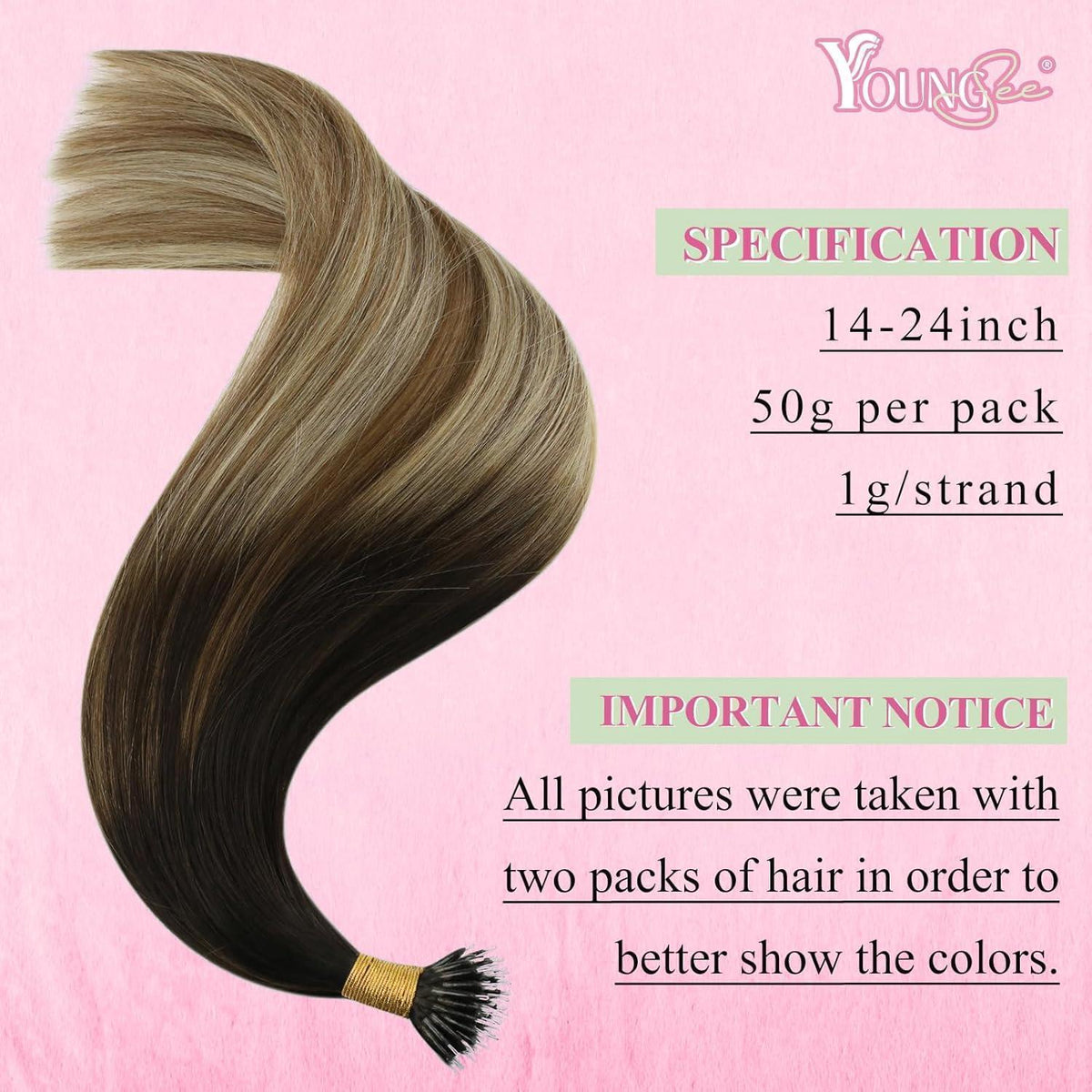 Echthaar Nano Ring Extensions Dunkelbraun Balayage 50cm