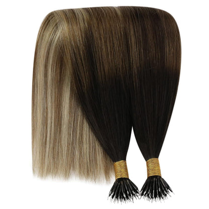Echthaar Nano Ring Extensions Dunkelbraun Balayage 50cm