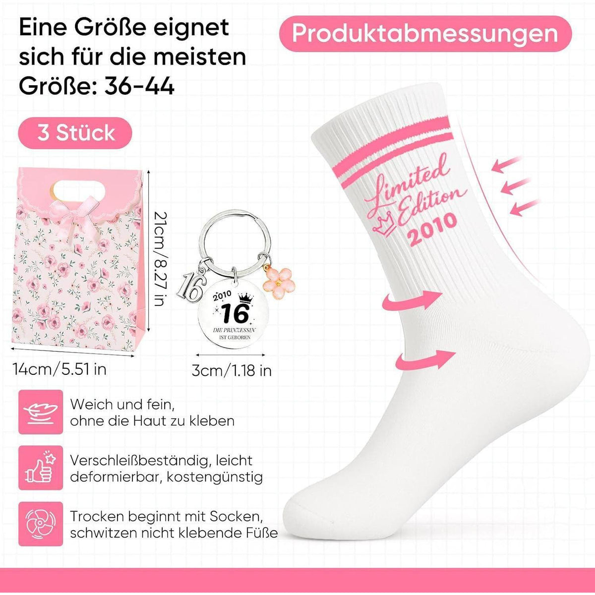16. Geburtstag Geschenkset Mädchen – Baumwollsocken & Schlüsselanhänger 2010