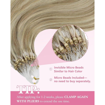 Blond Microring Extensions Echthaar 55cm – Aschblond Highlights
