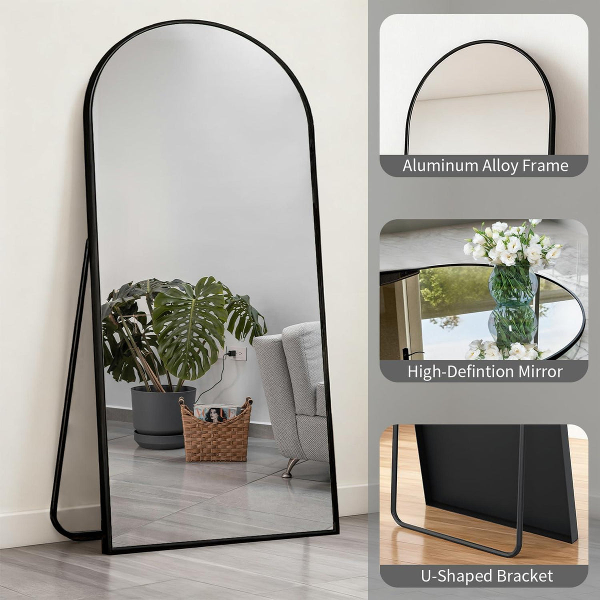 Großer Bogen Standspiegel 181x76 cm – Gehärtetes Glas, Schwarz