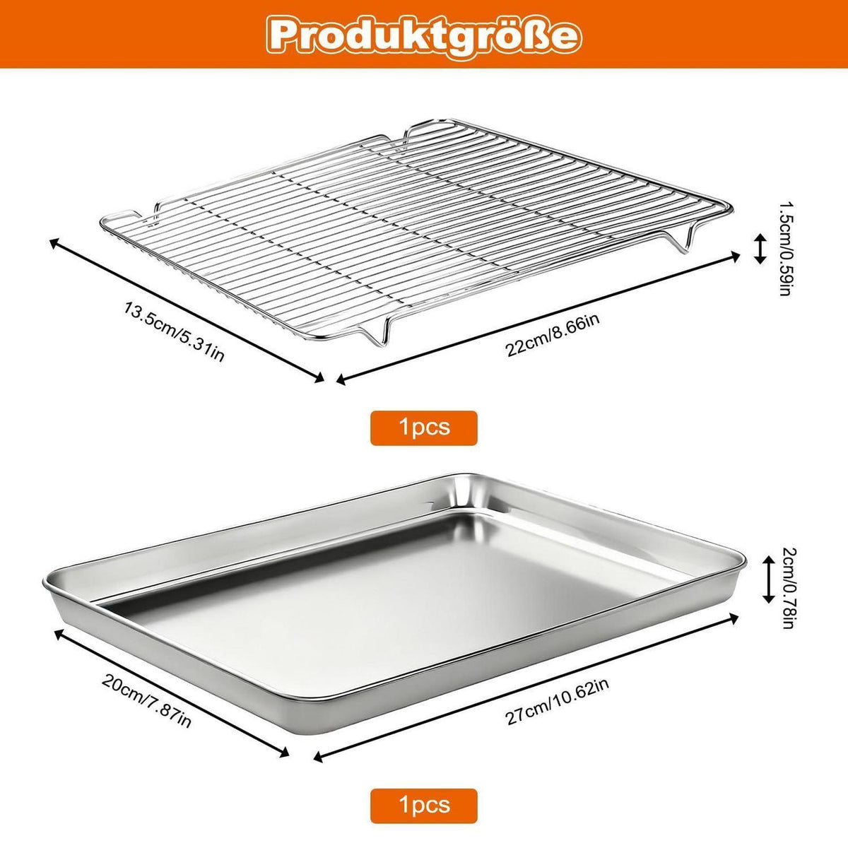 Edelstahl Backblech mit Abkühlgitter – Rechteckiges Kuchenblech 27x20cm