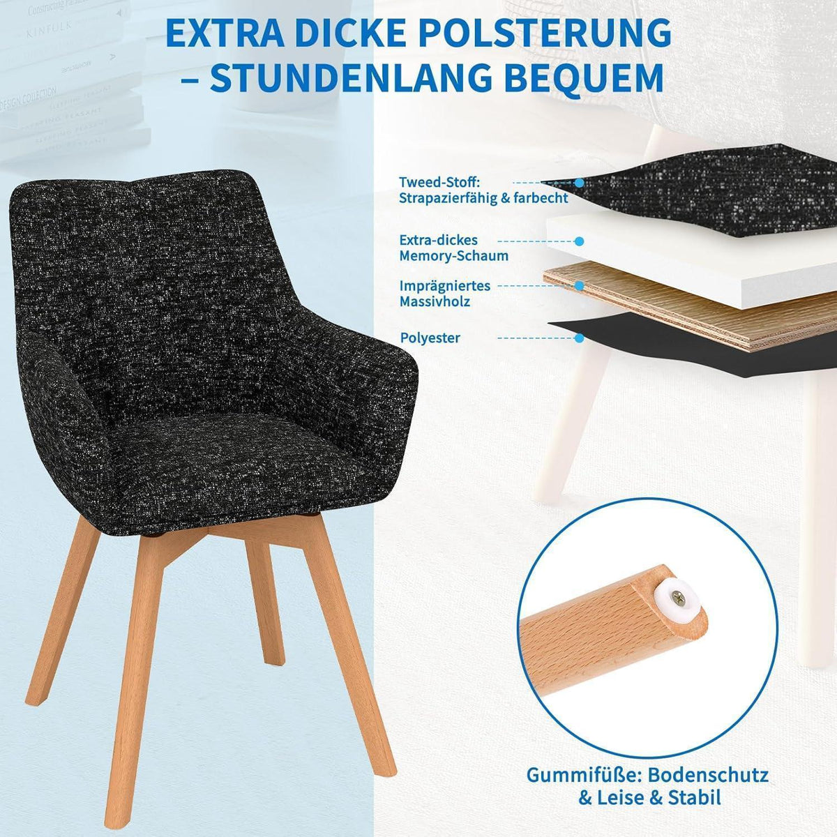 Drehbare Esszimmerstühle 2er Set mit Armlehnen, Schwarz