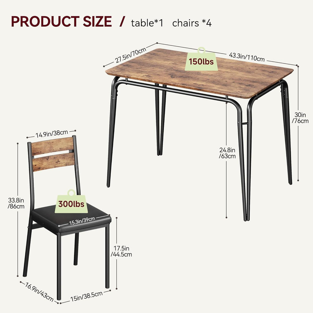 5-teiliges Esszimmer-Set für 4 Personen – Platzsparend & Modern
