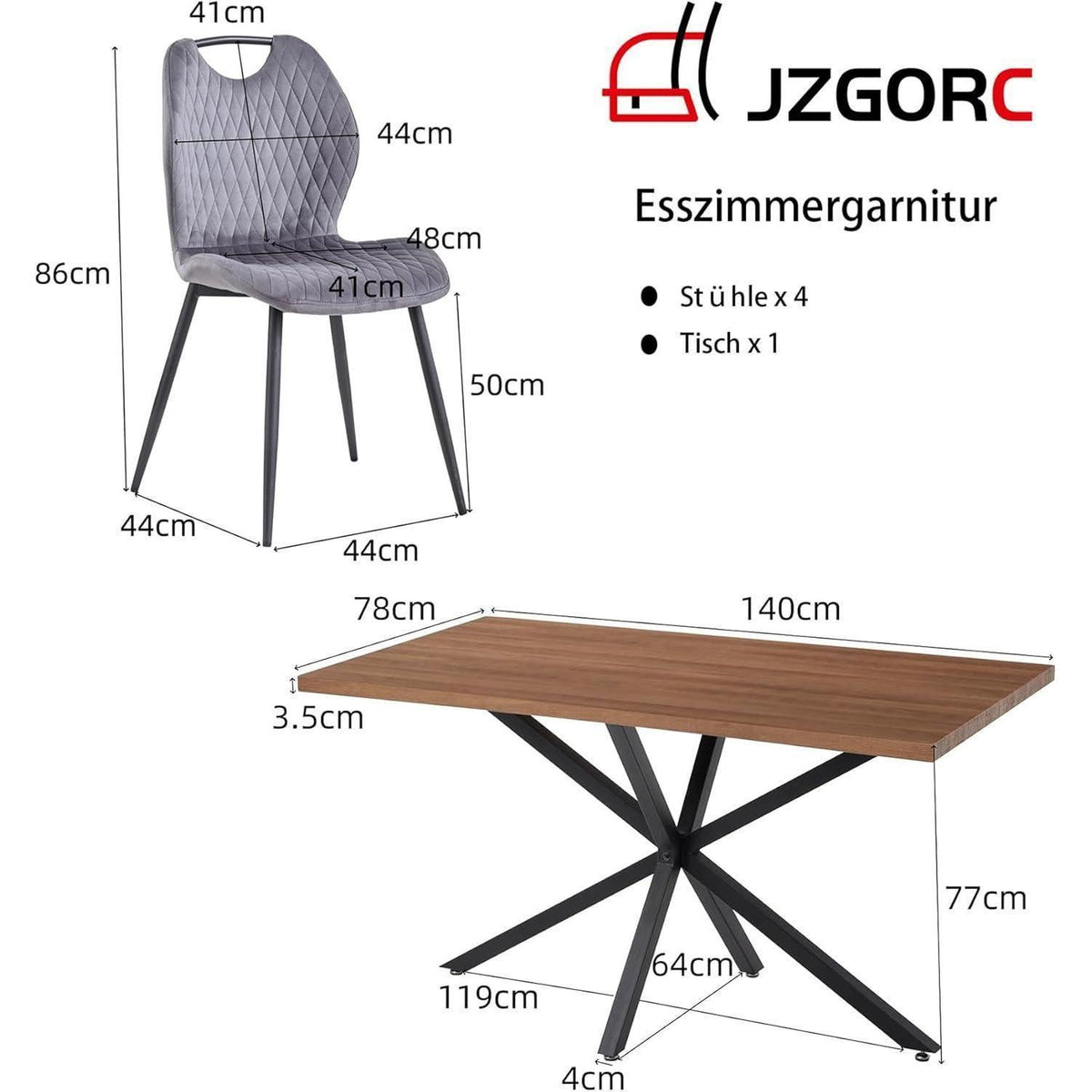 Esstisch Set 140x78cm Holz & Grau Stühle – Modernes Esszimmer