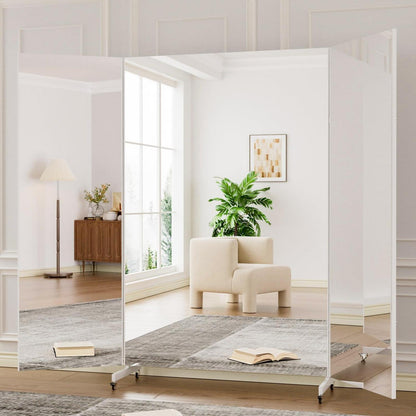 3-Fach Faltbarer Ganzkörperspiegel 240x190cm – Weiß, Standspiegel mit Rollen