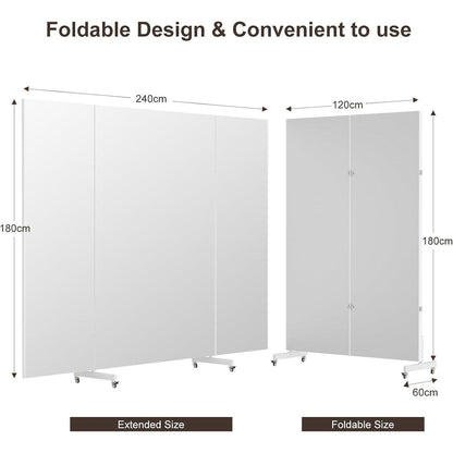 3-Fach Faltbarer Ganzkörperspiegel 240x190cm – Weiß, Standspiegel mit Rollen