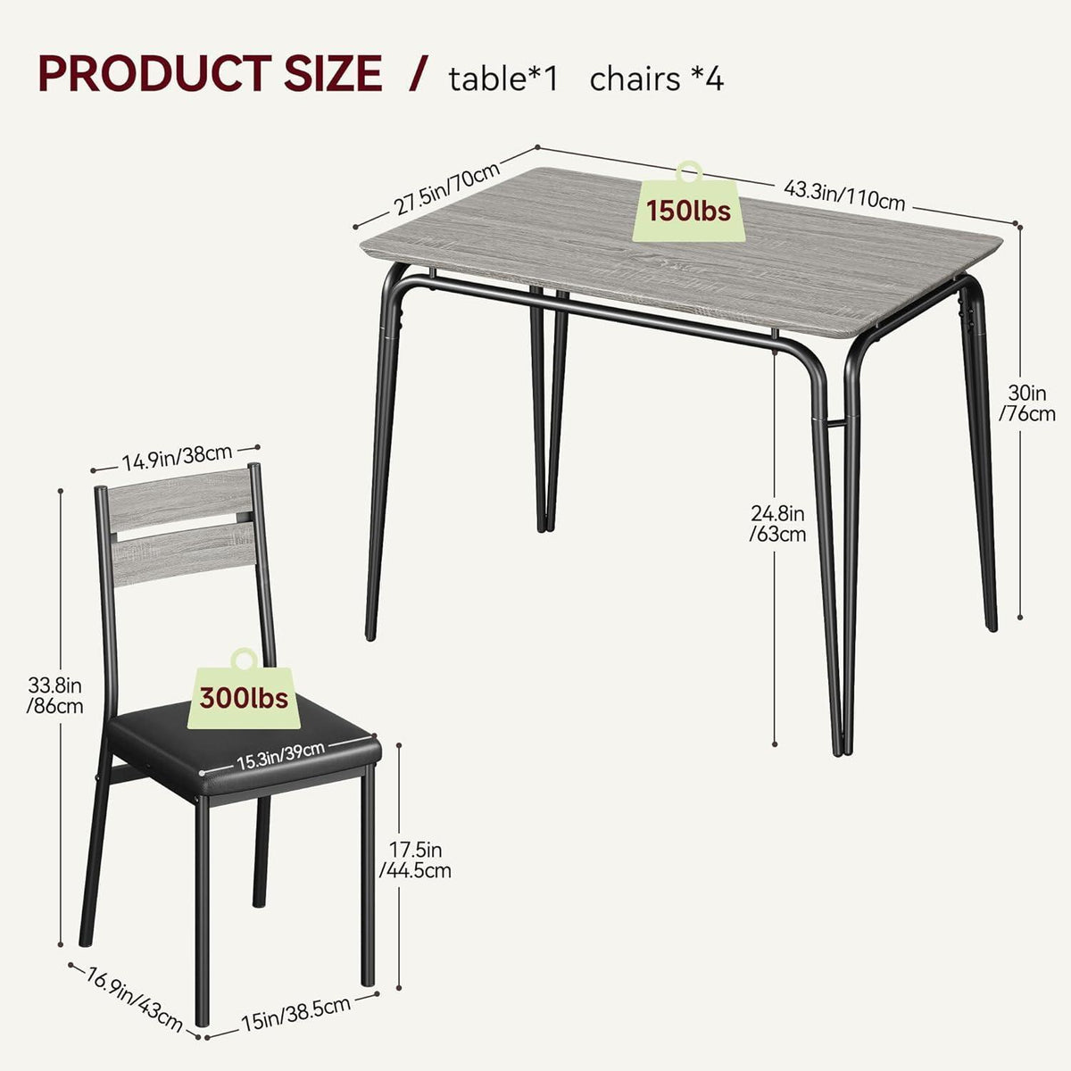 5-teiliges Esszimmer-Set Grau – Kompakt & Platzsparend