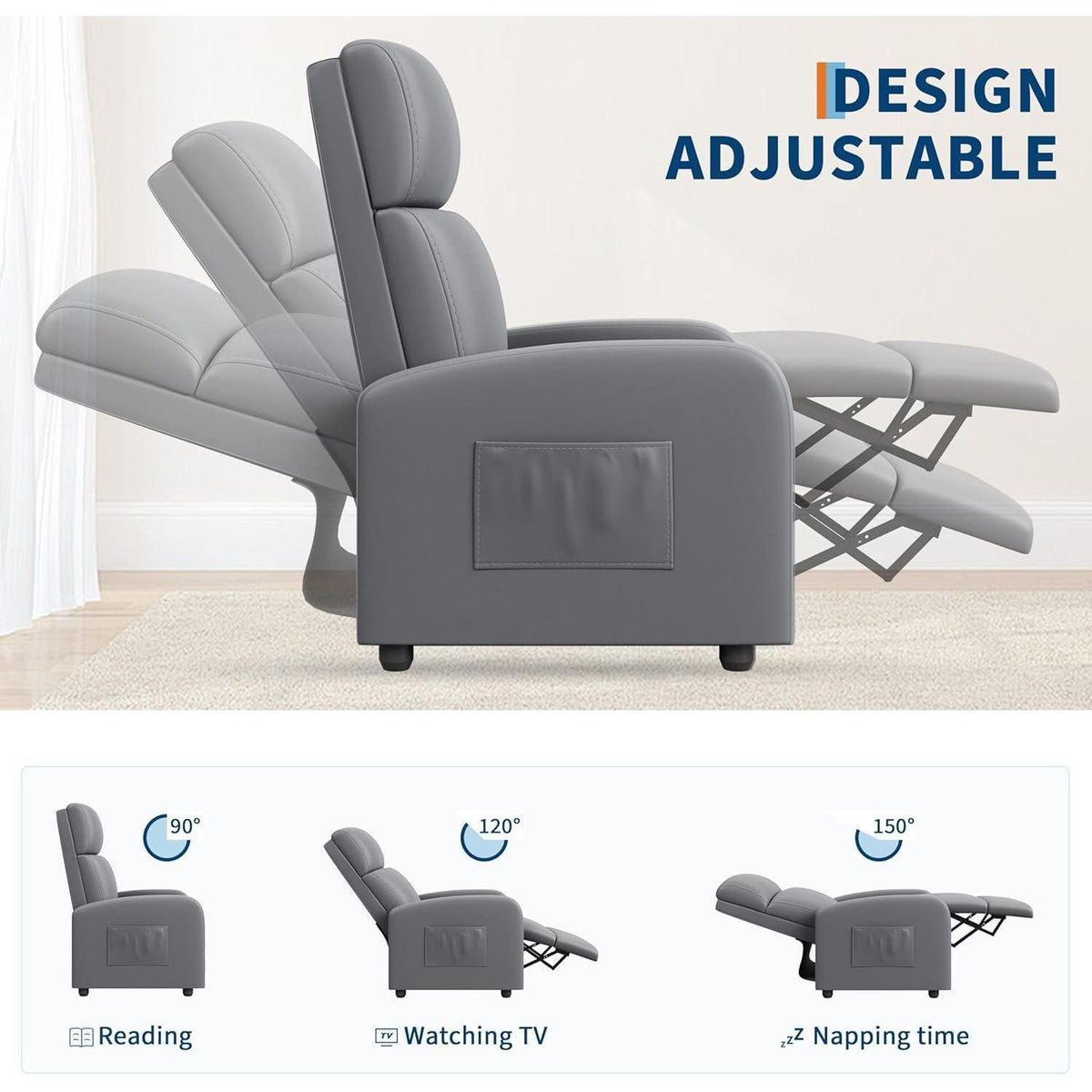 Relaxsessel mit Liegefunktion – Grau, verstellbar & bequem