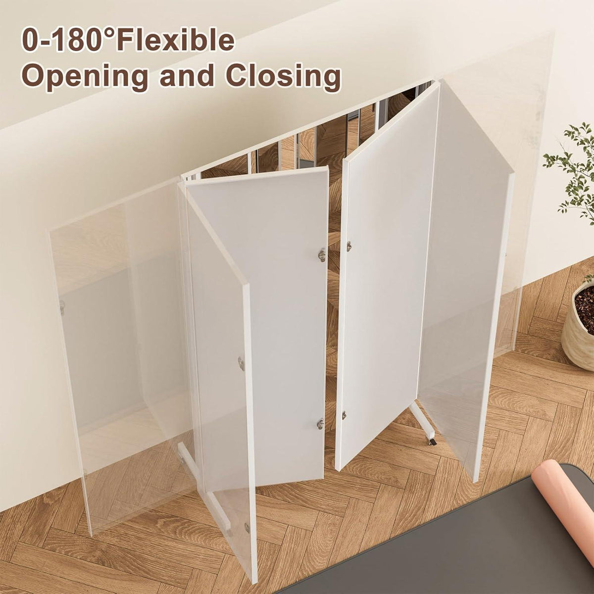 3-Fach Faltbarer Ganzkörperspiegel 240x210cm – Weiß, Standspiegel mit Rollen