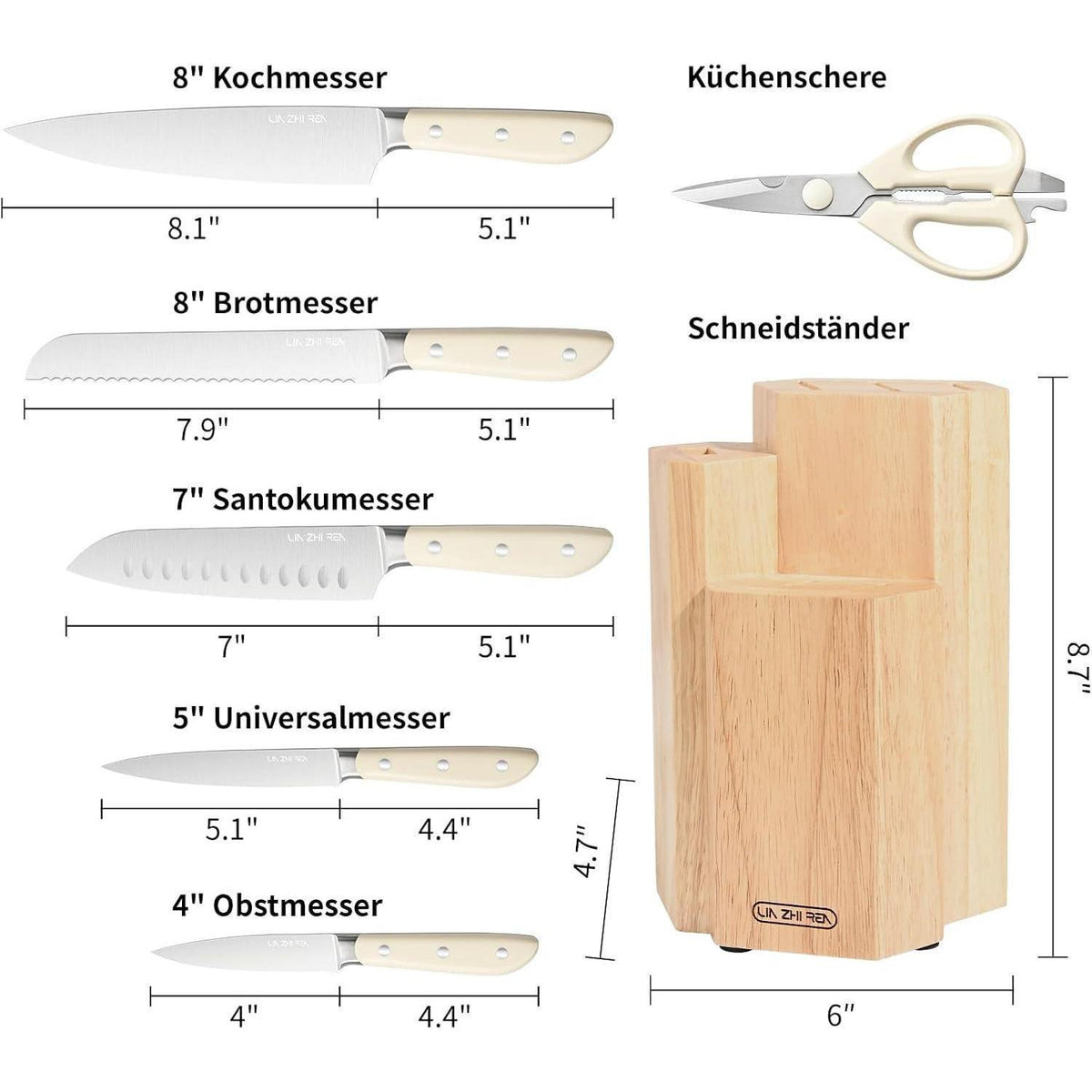 7-teiliges Küchenmesser-Set Edelstahl mit Block