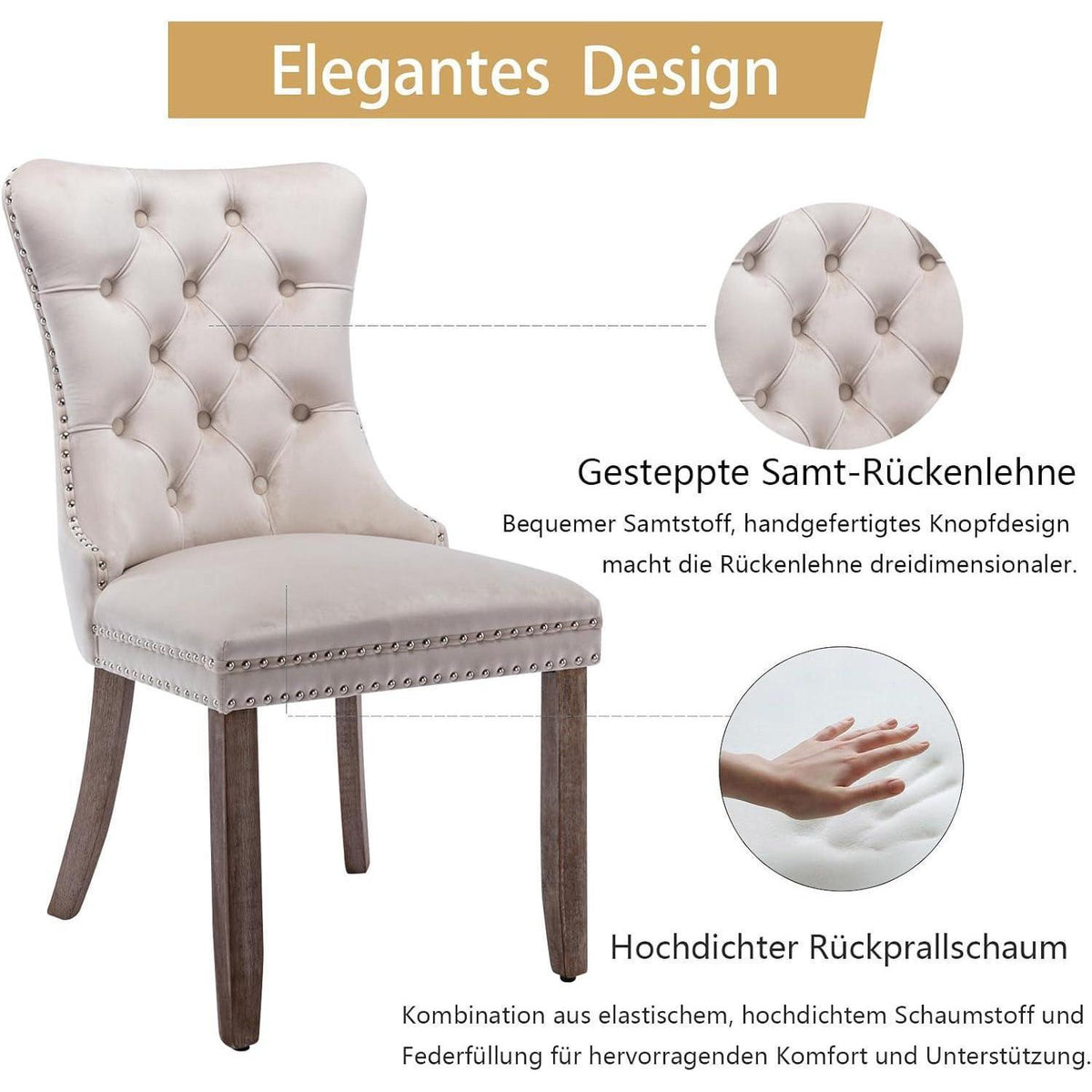Samt Esszimmerstühle 6er Set mit Massivholzbeinen, Beige