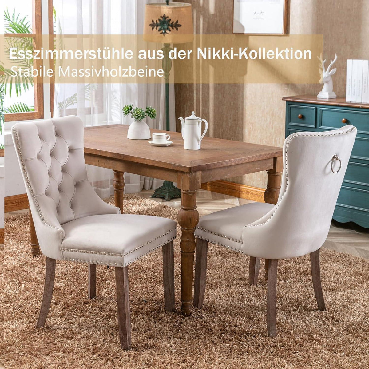 Samt Esszimmerstühle 6er Set mit Massivholzbeinen, Beige