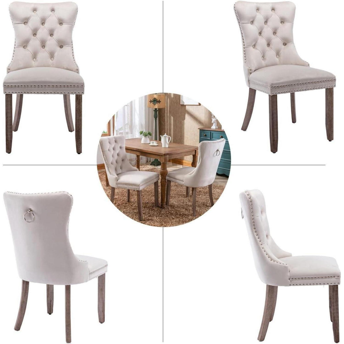 Samt Esszimmerstühle 6er Set mit Massivholzbeinen, Beige