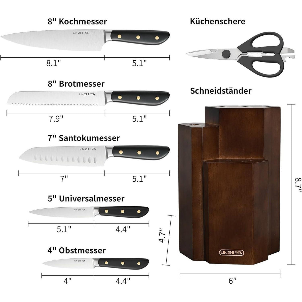 7-teiliges Küchenmesser-Set Edelstahl mit Messerblock