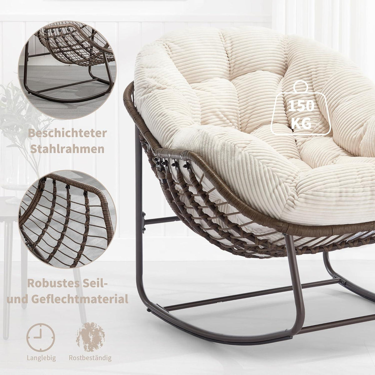 Outdoor Schaukelstuhl Papasan mit Kissen - Weiß