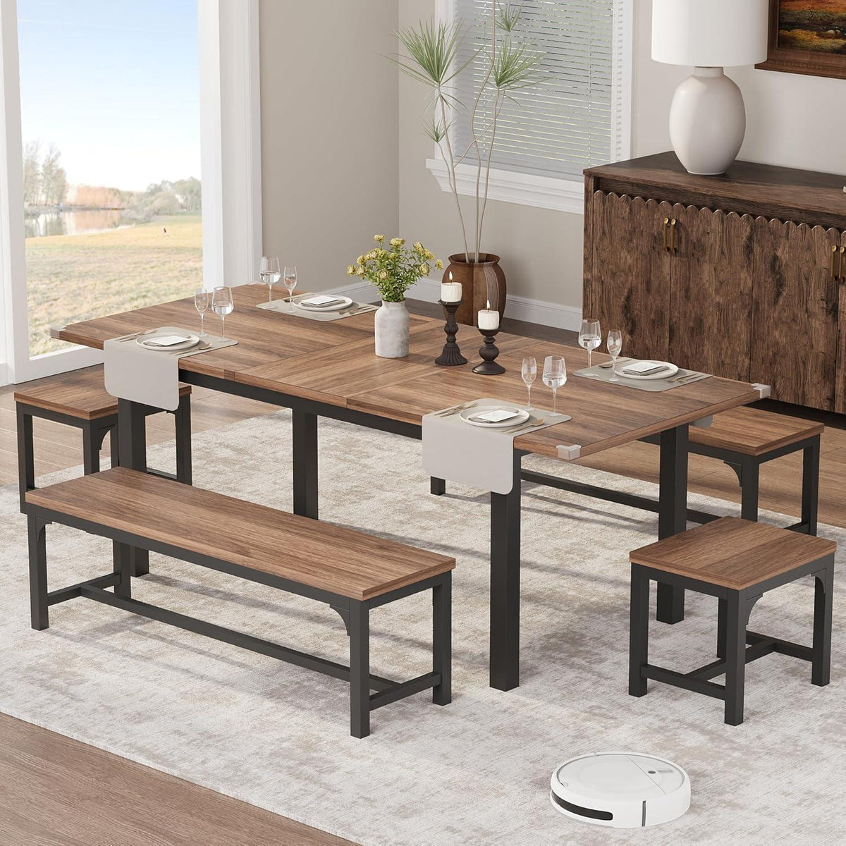 Ausziehbarer Esstisch Set mit Bänken | Industrial Dining Gruppe Walnuss