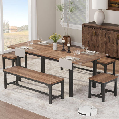 Ausziehbarer Esstisch Set mit Bänken | Industrial Dining Gruppe Walnuss