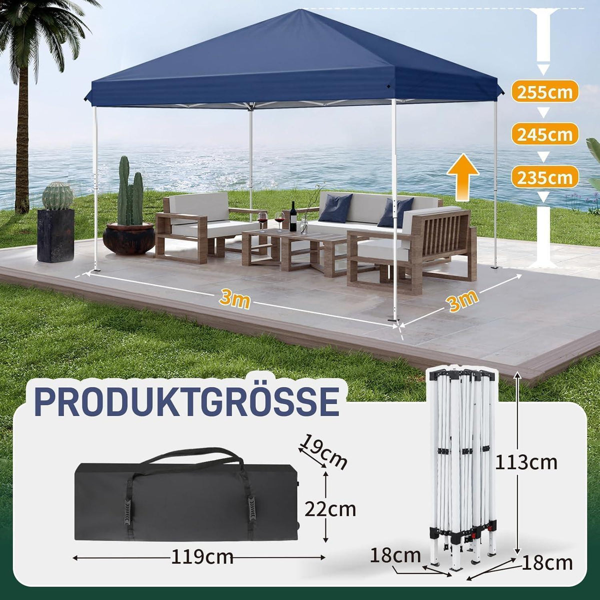 3x3m Faltpavillon mit Seitenwänden – Wasserdicht & UV-Schutz