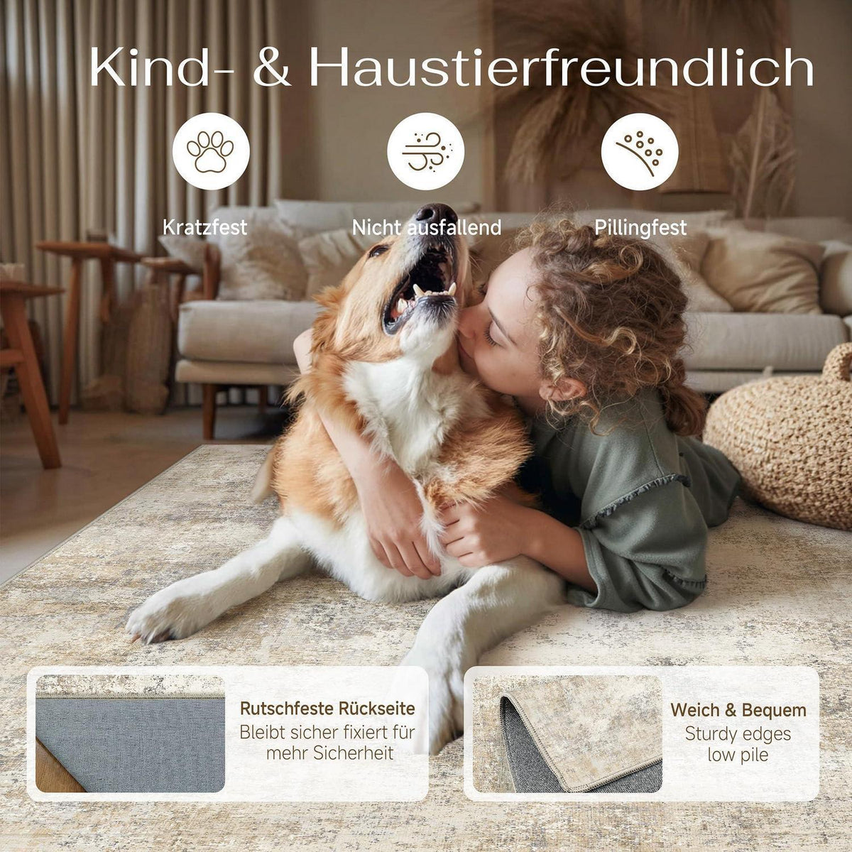 Waschbarer Teppich Wohnzimmer 240x300cm Beige Braun Abstrakt