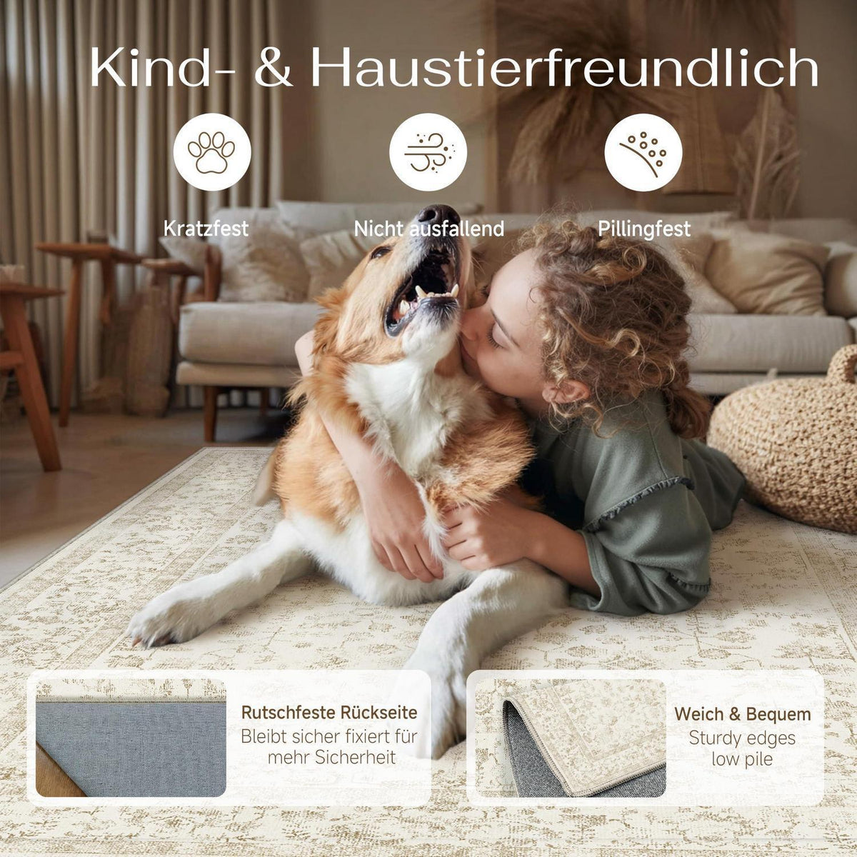Creme Teppich Wohnzimmer 240x300cm – Waschbar & Rutschfest