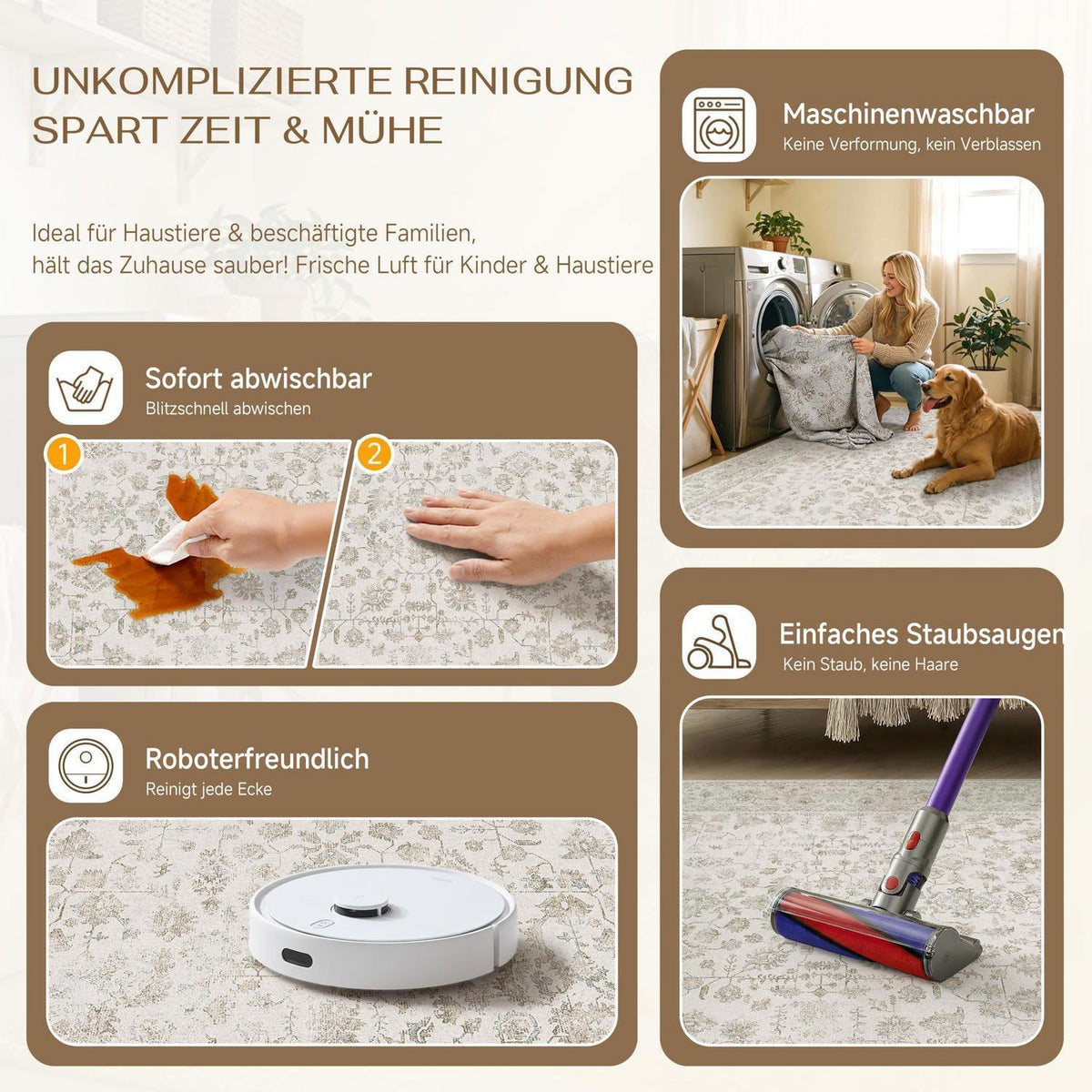 Creme Teppich Wohnzimmer 240x300cm – Waschbar & Rutschfest