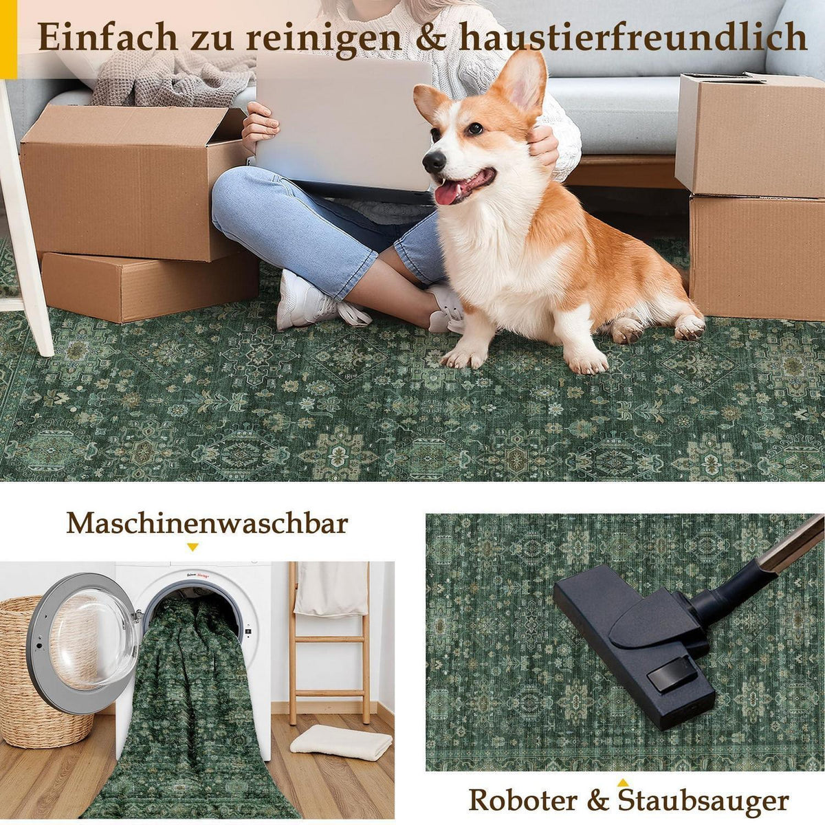 Vintage Teppich Grün 160x230cm - Rechteckiger Wohnzimmerteppich