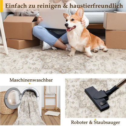 Vintage Läufer Beige 80x400cm – Waschbarer Flurteppich