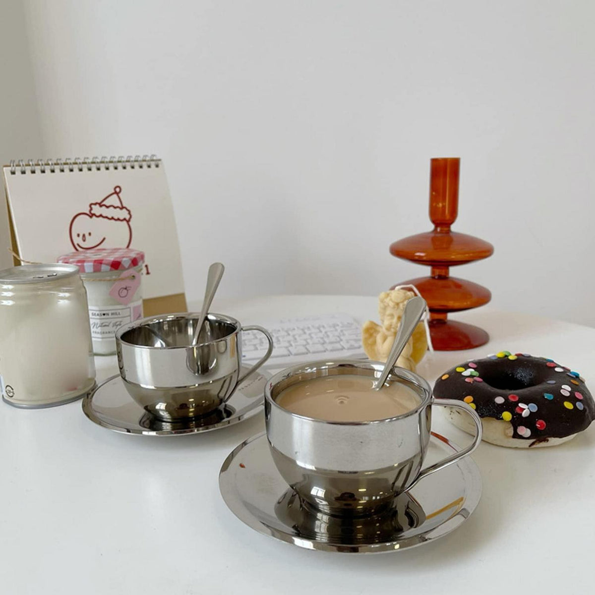 Edelstahl Kaffeetassen Set 180ml – 4er Set mit Löffel & Untertasse